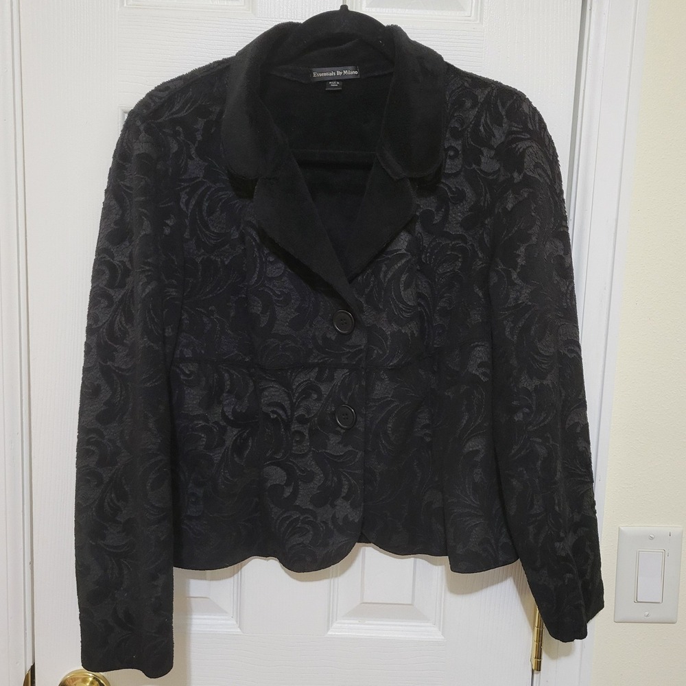 Essentials By Milano Black Faux Suede Damask Floral Faux Fur Lined Jacket Medium